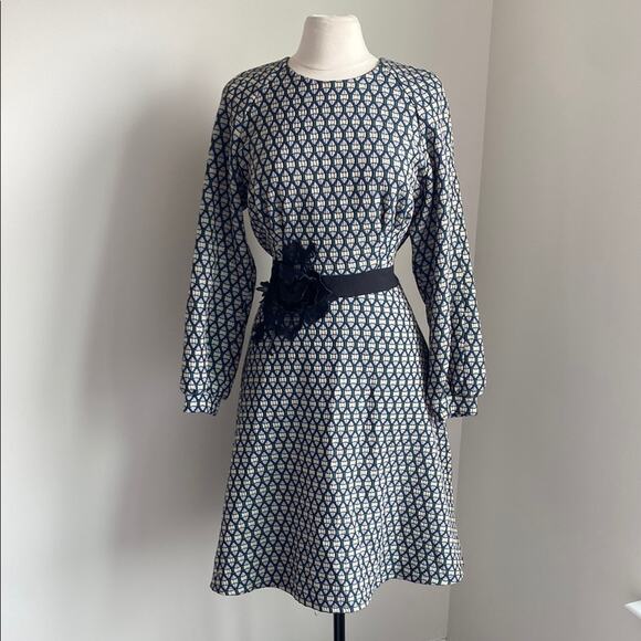 IREN KLAIRIE Fit & Flare Dress Womens Sz 12 Geometric Print Floral Tie Waist - Picture 1 of 8